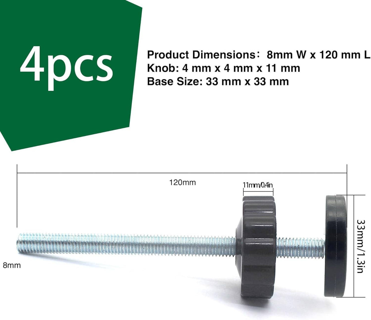 Threaded spindle rod hardware with black base clamp and adjustment wheel, measured view