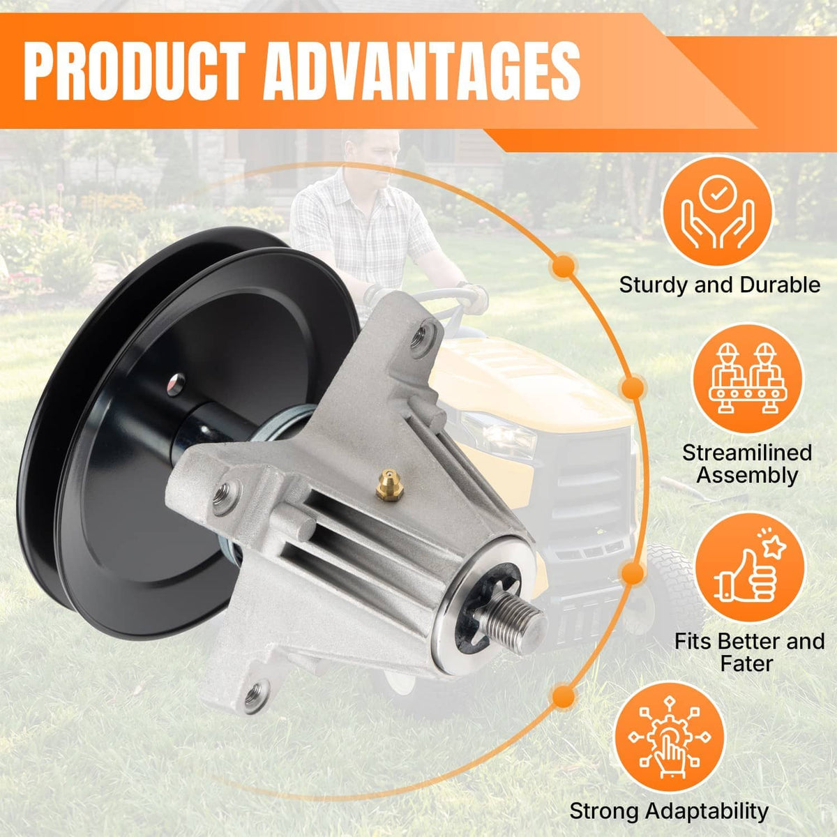 42-inch mower spindle with black pulley and silver housing, angled view