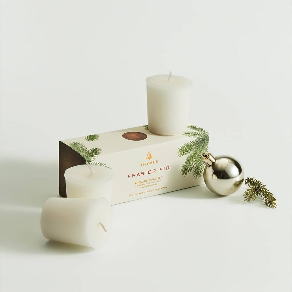 Frasier Fir votive candle set with cream candle and cardboard gift box