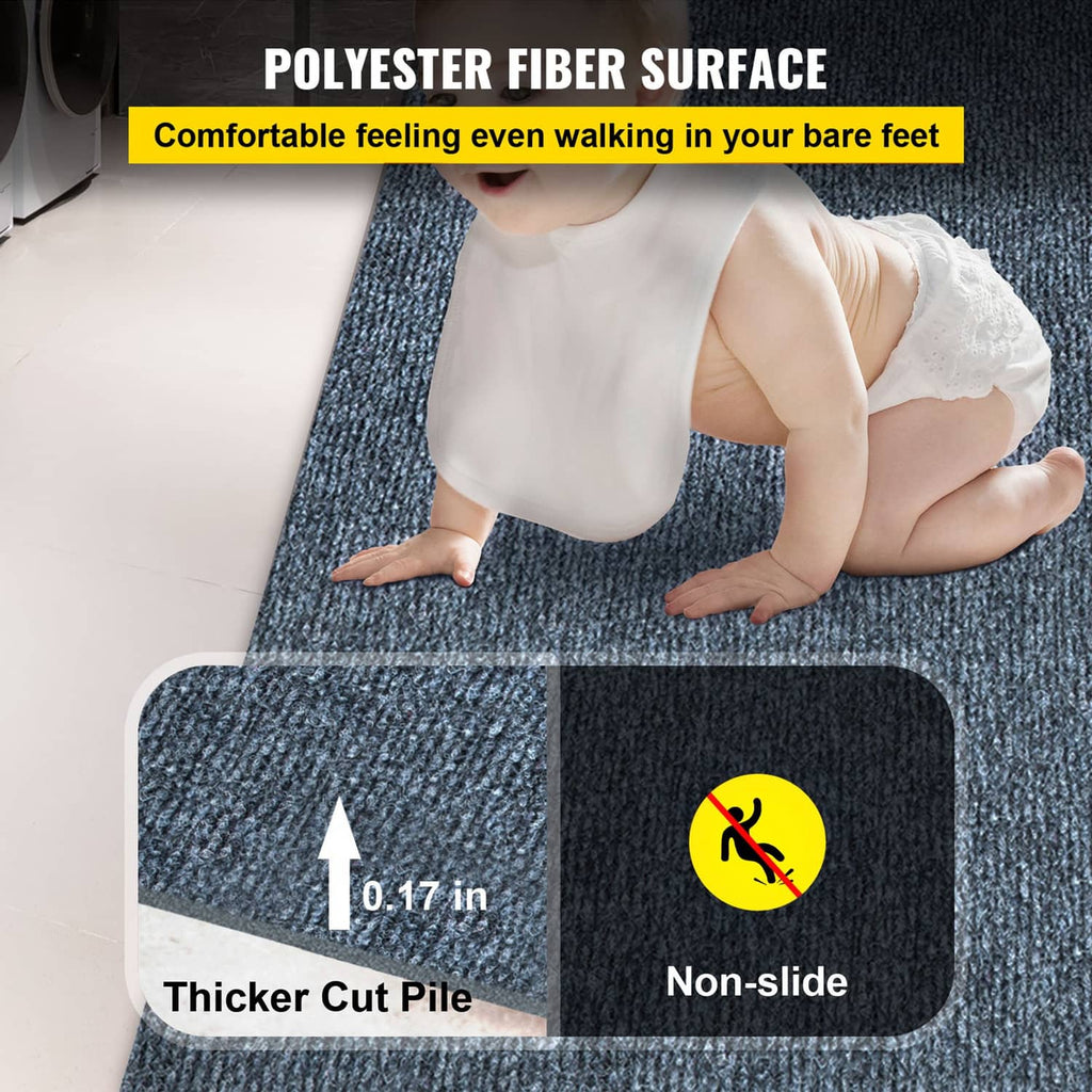 Blue textured cut-pile rug with non-slip backing and thicker pile detail.