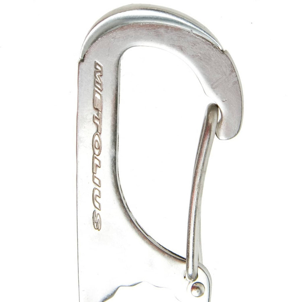 Stainless steel carabiner hook on a metal multitool with loop for attachment