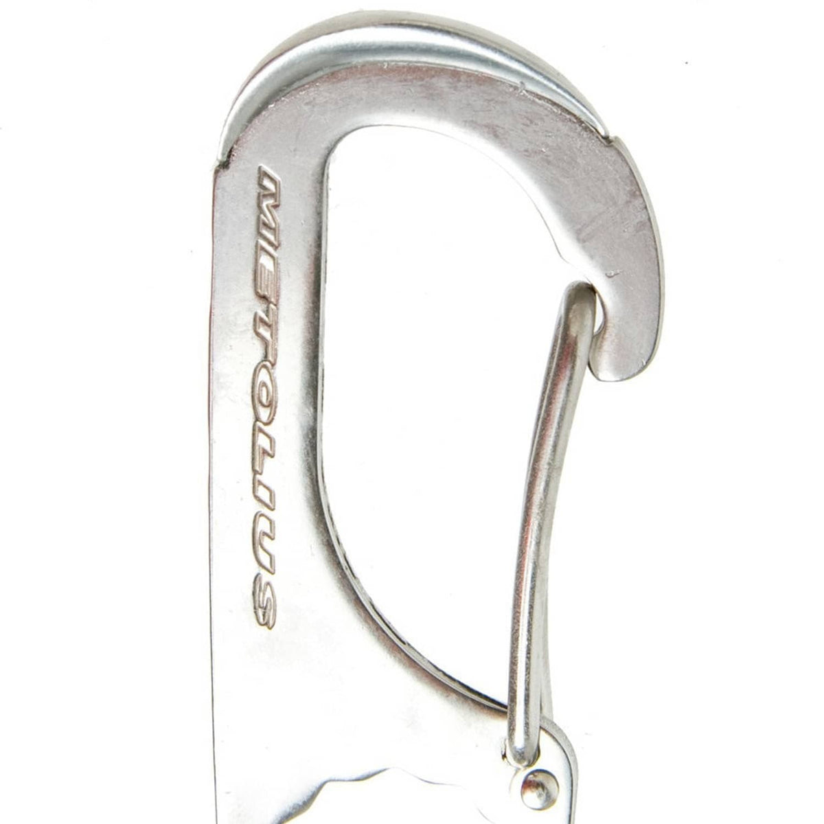 Stainless steel carabiner hook on a metal multitool with loop for attachment