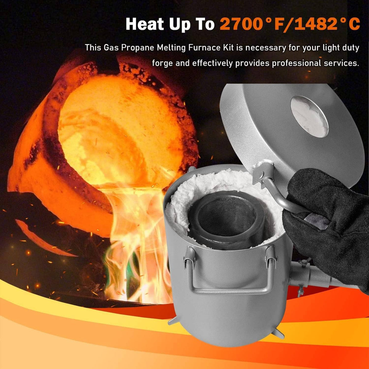 Propane melting furnace kit with crucible, detachable lid, and gloves for high-heat casting