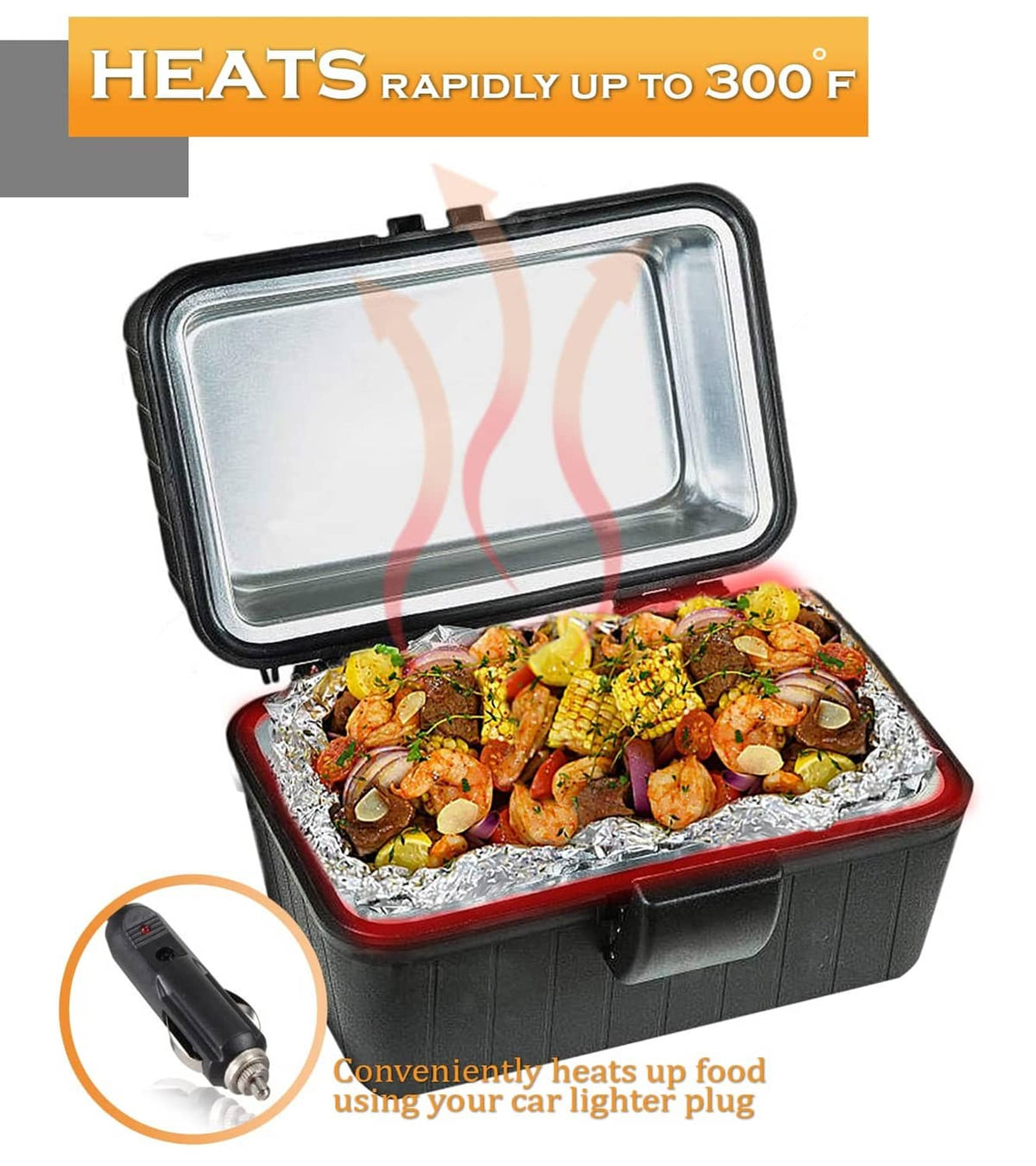 Black heated lunch box with open lid, foil-lined tray, and shrimp meal