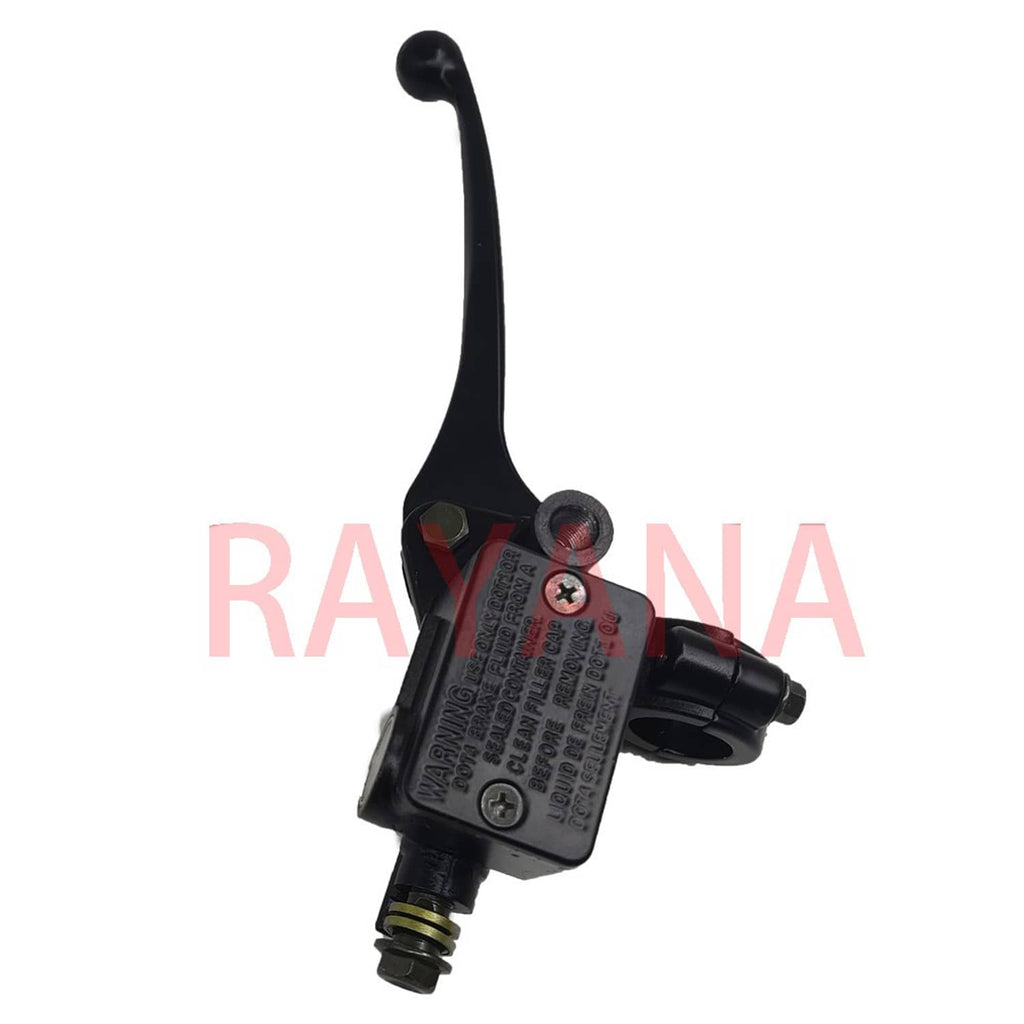 Black brake master cylinder with lever and threaded banjo-style outlet