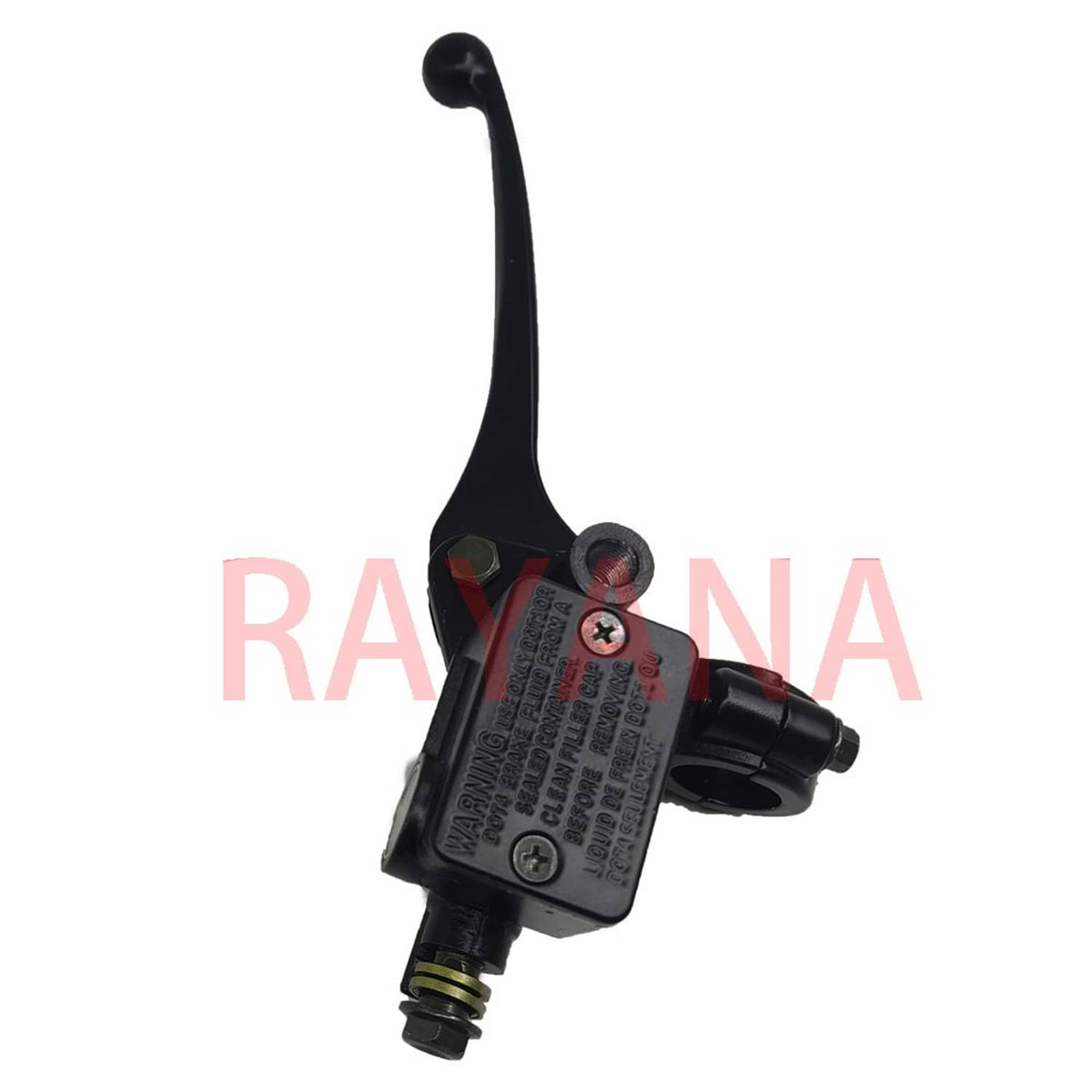 Black brake master cylinder with lever and threaded banjo-style outlet