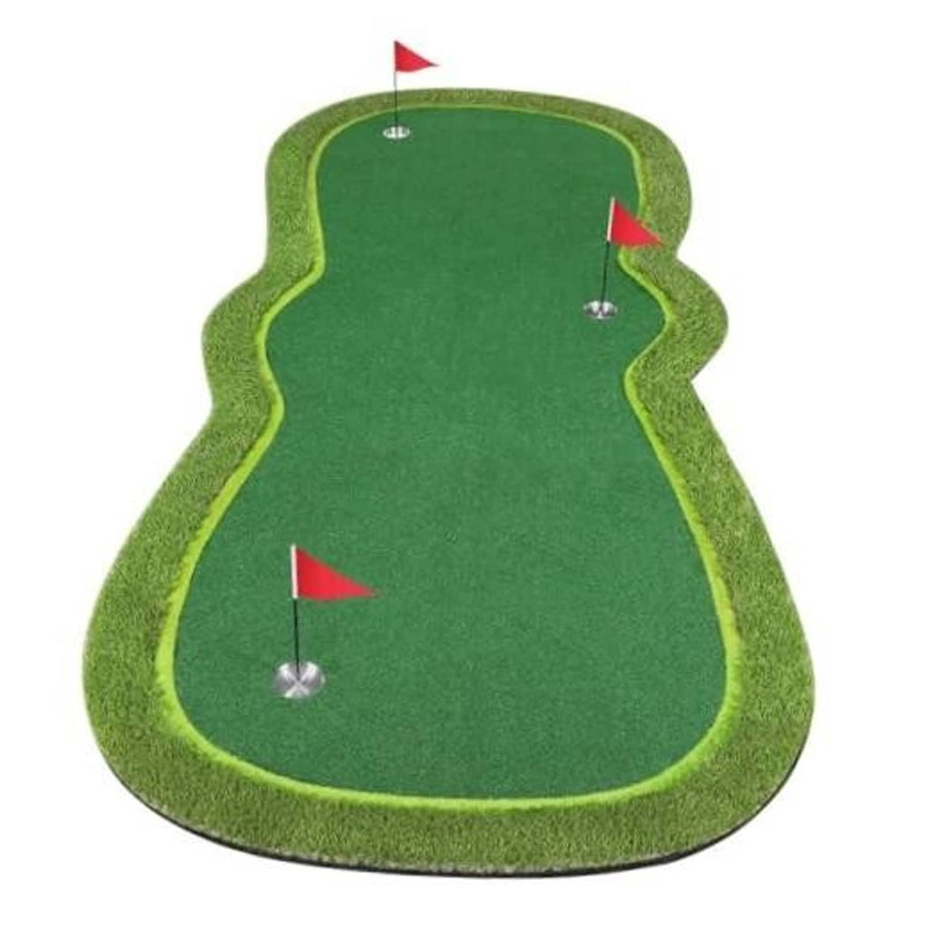 Green golf putting mat with four white balls and small red-flag hole cups