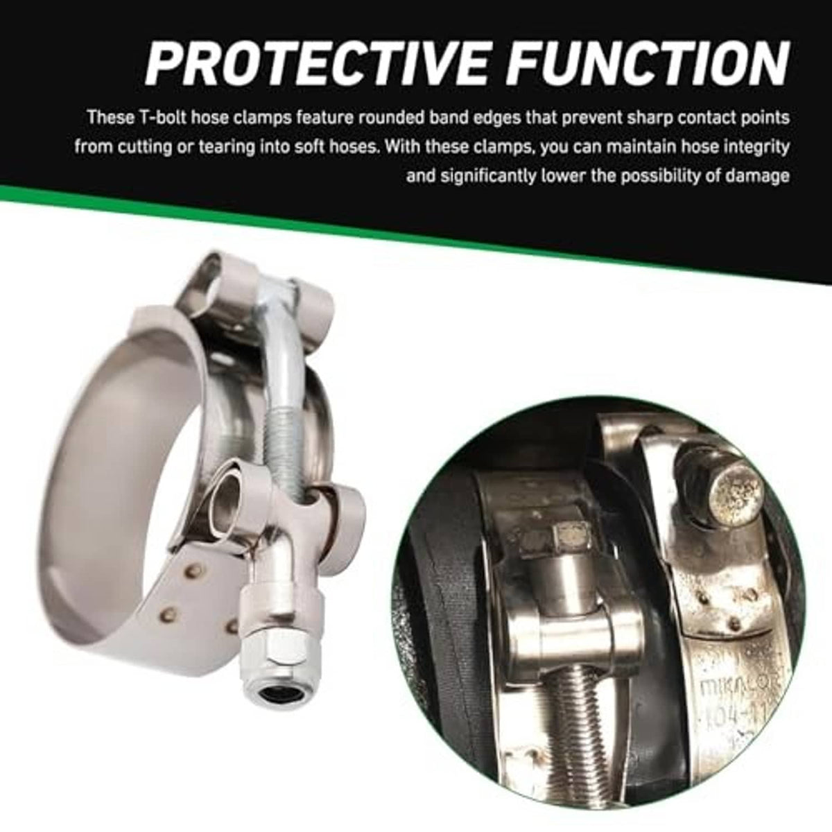 Stainless steel T-bolt hose clamp with rounded band edges and screw, side view