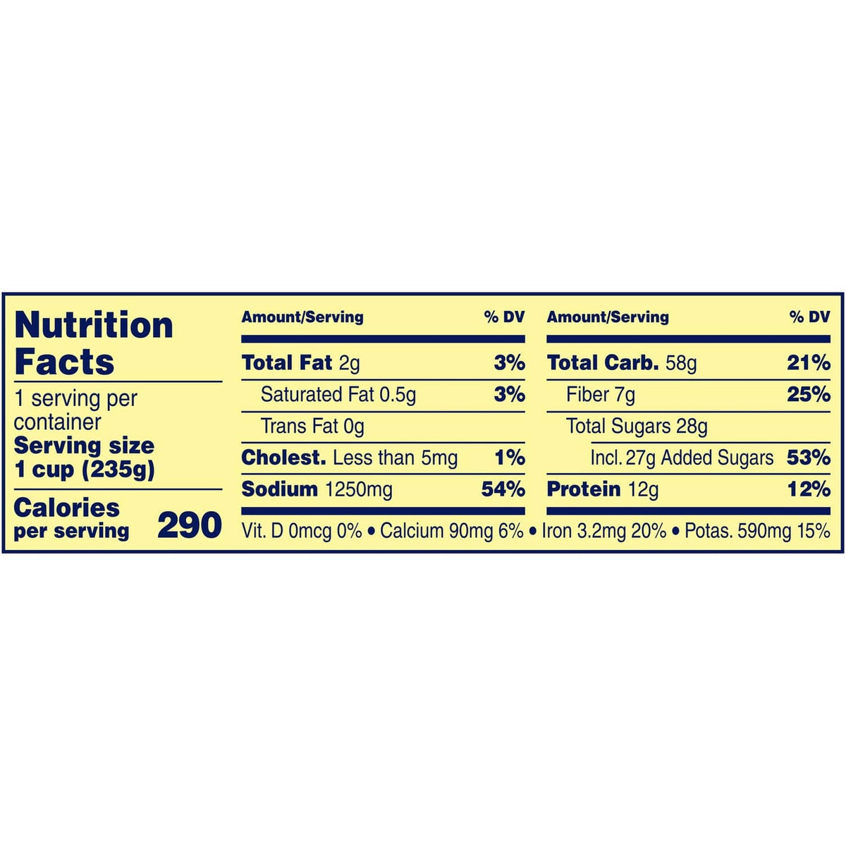 Nutrition Facts panel for baked beans, calories and nutrient amounts shown