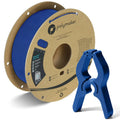 Blue PLA filament spool with attached label and blue display clips