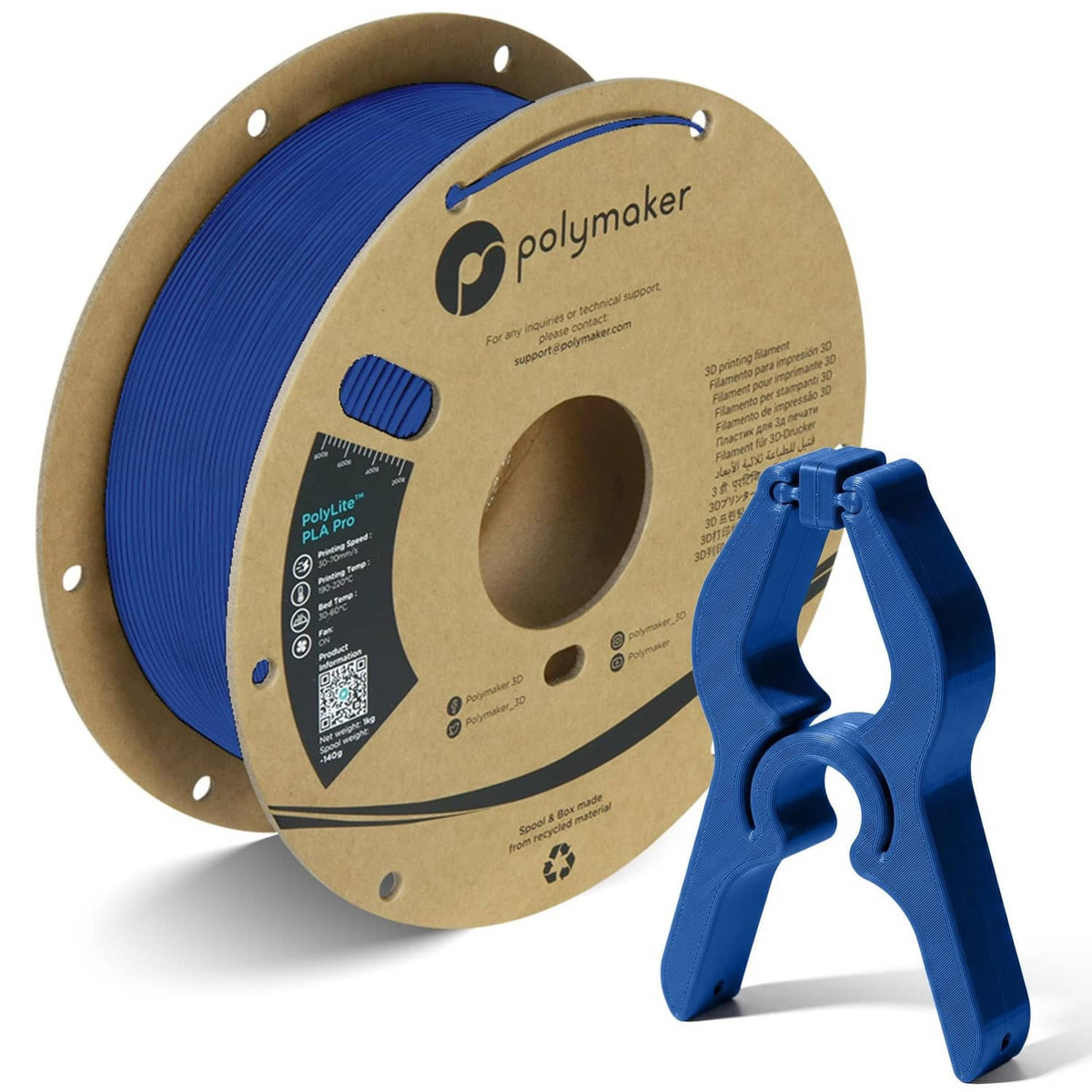 Blue PLA filament spool with attached label and blue display clips