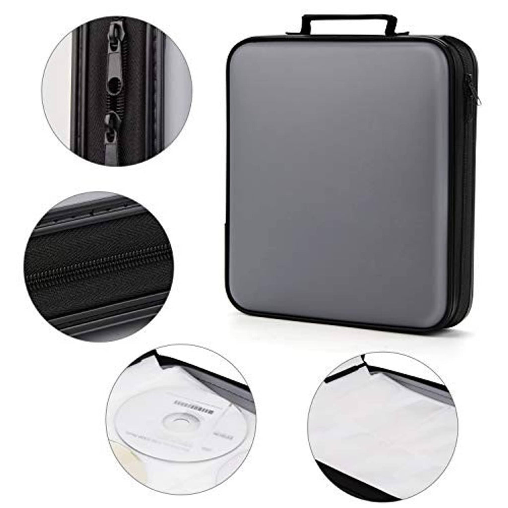 Grey DVD/CD storage case with black zipper and reinforced side seam detail.