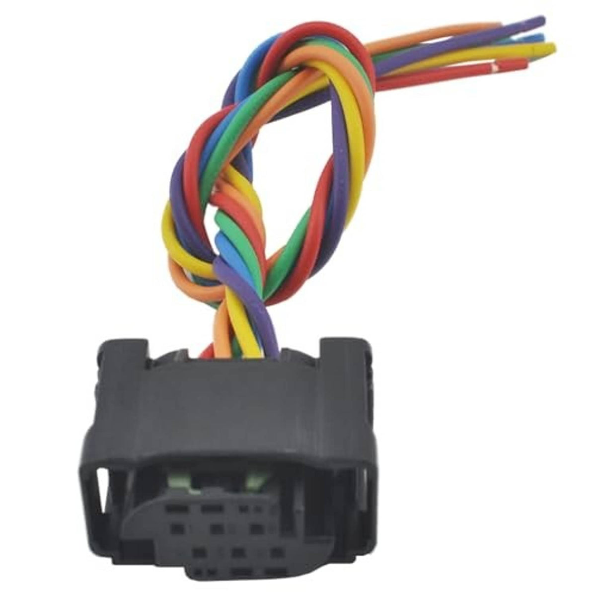 Throttle body connector pigtail harness with tangled multicolor wires and black plug housing