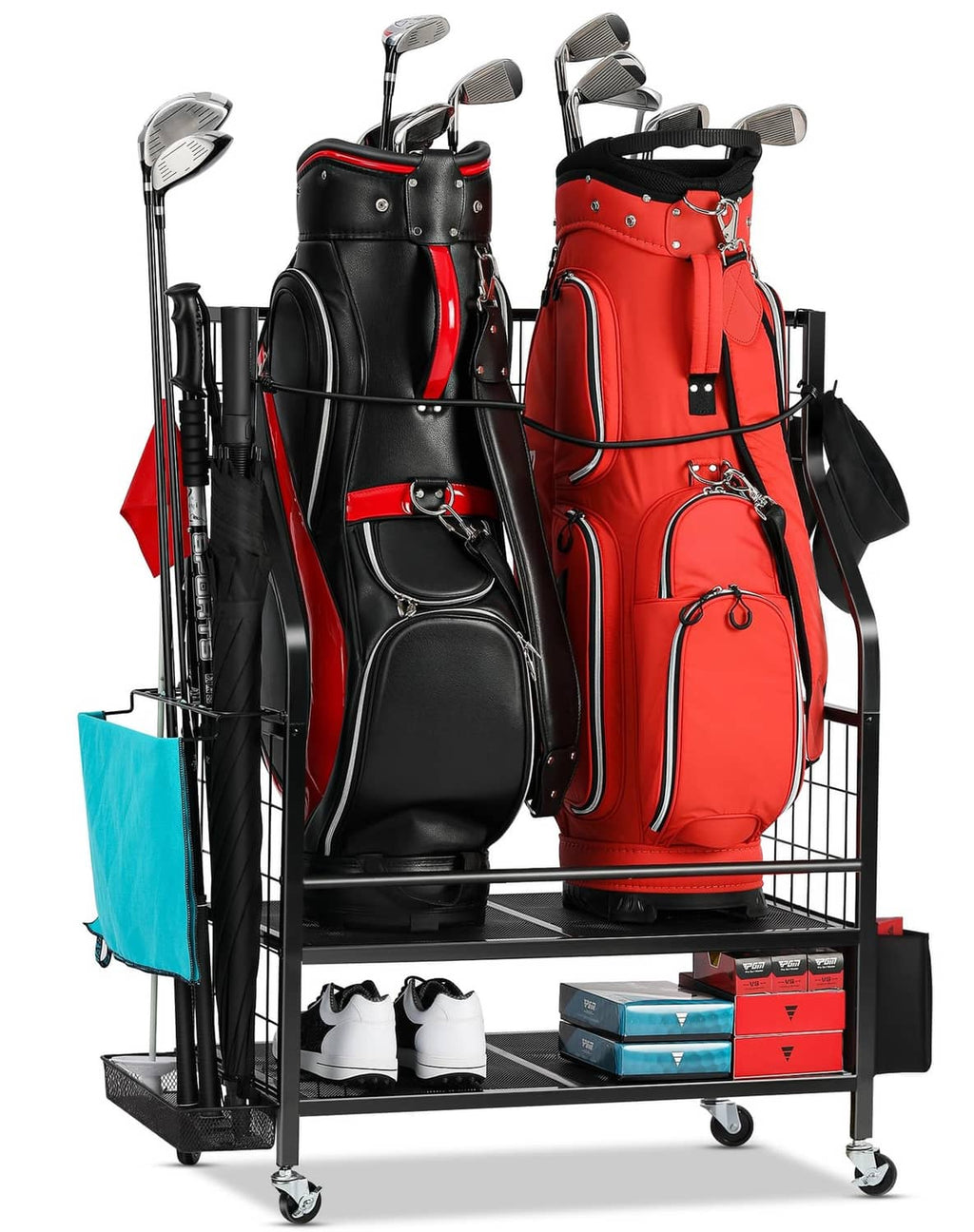Wheeled golf bag storage rack with two golf bags, metal frame, and bottom shelves