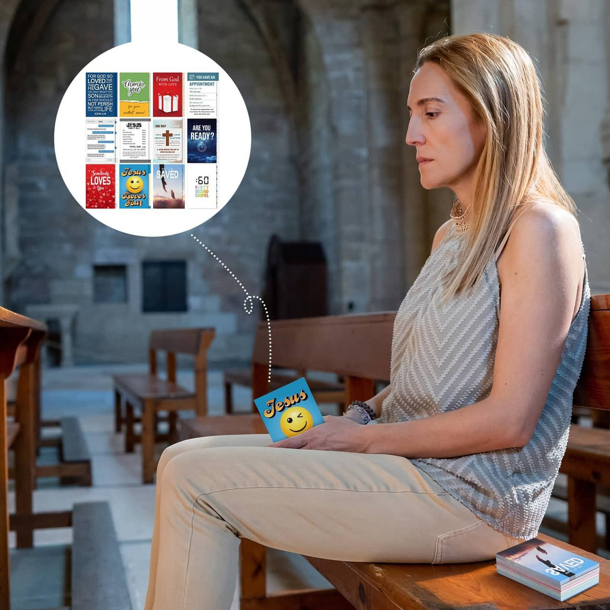 Woman holding gospel tract cards and a small tag shaped like a card