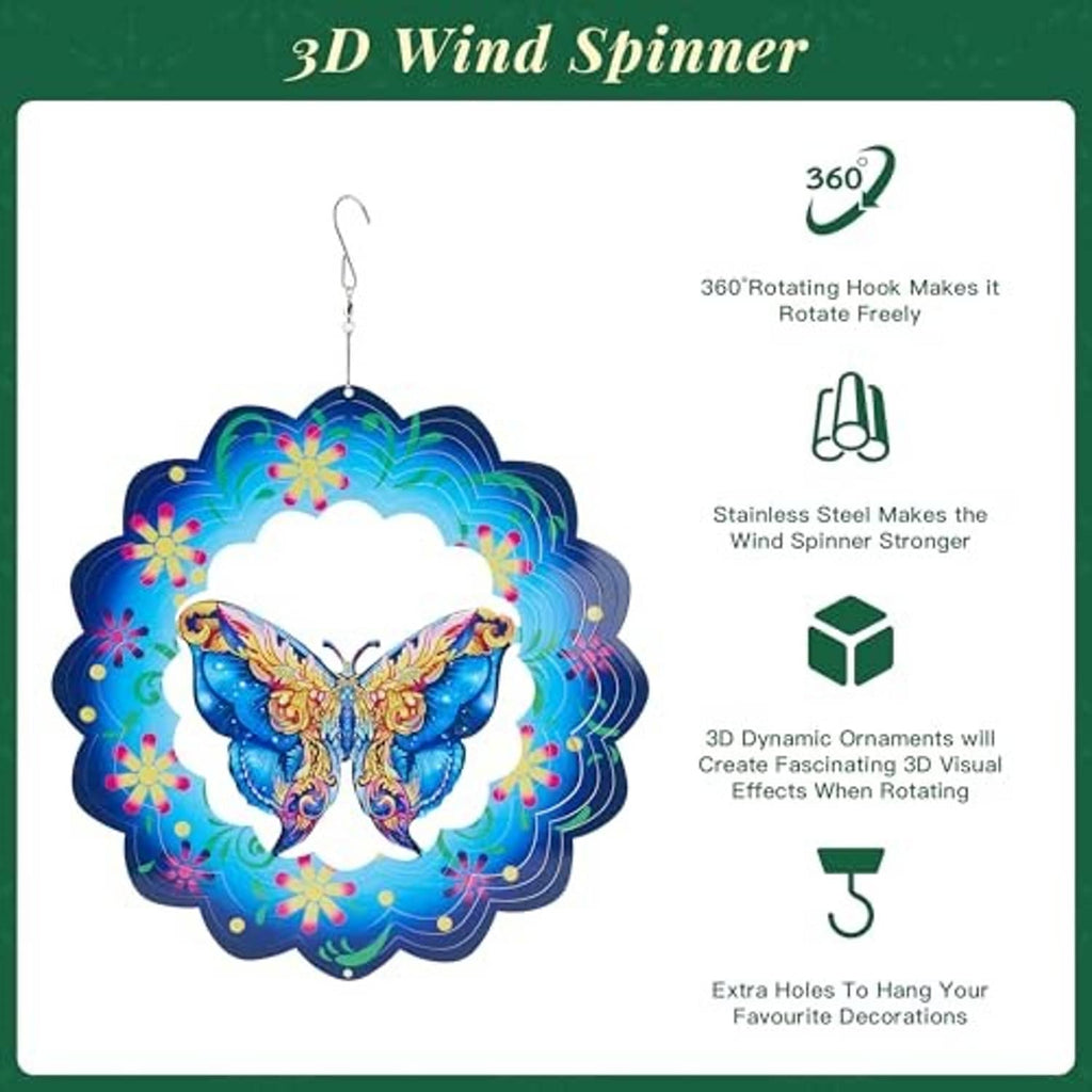 3D butterfly wind spinner with rotating hook, blue butterfly center, and layered metal petals