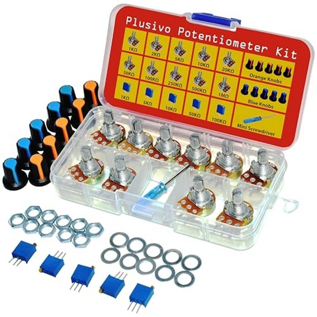 Potentiometer assortment kit in clear case with blue/orange knobs, washers, nuts, and leads