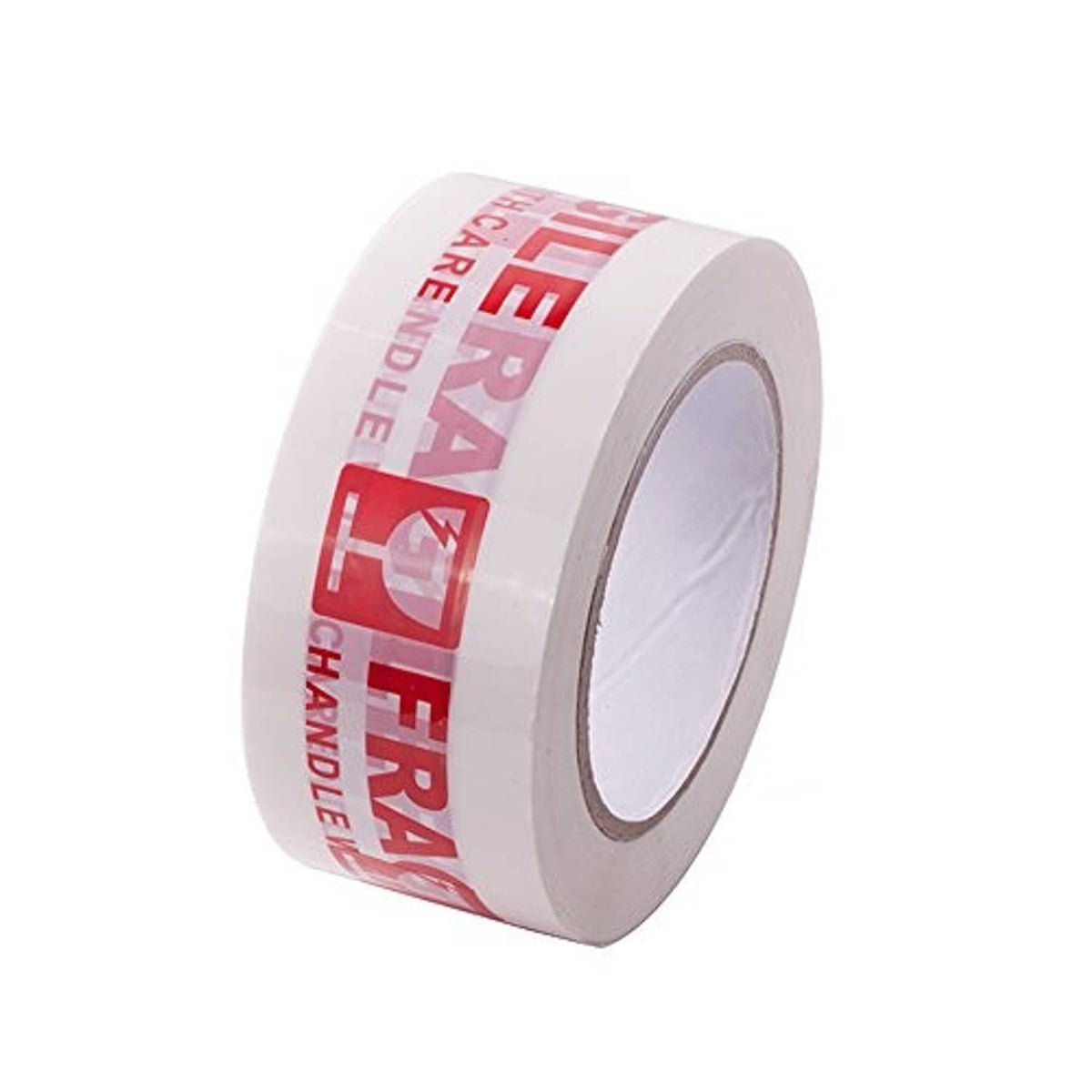 Fragile warning packing tape roll end view, white tape with red fragile warning print