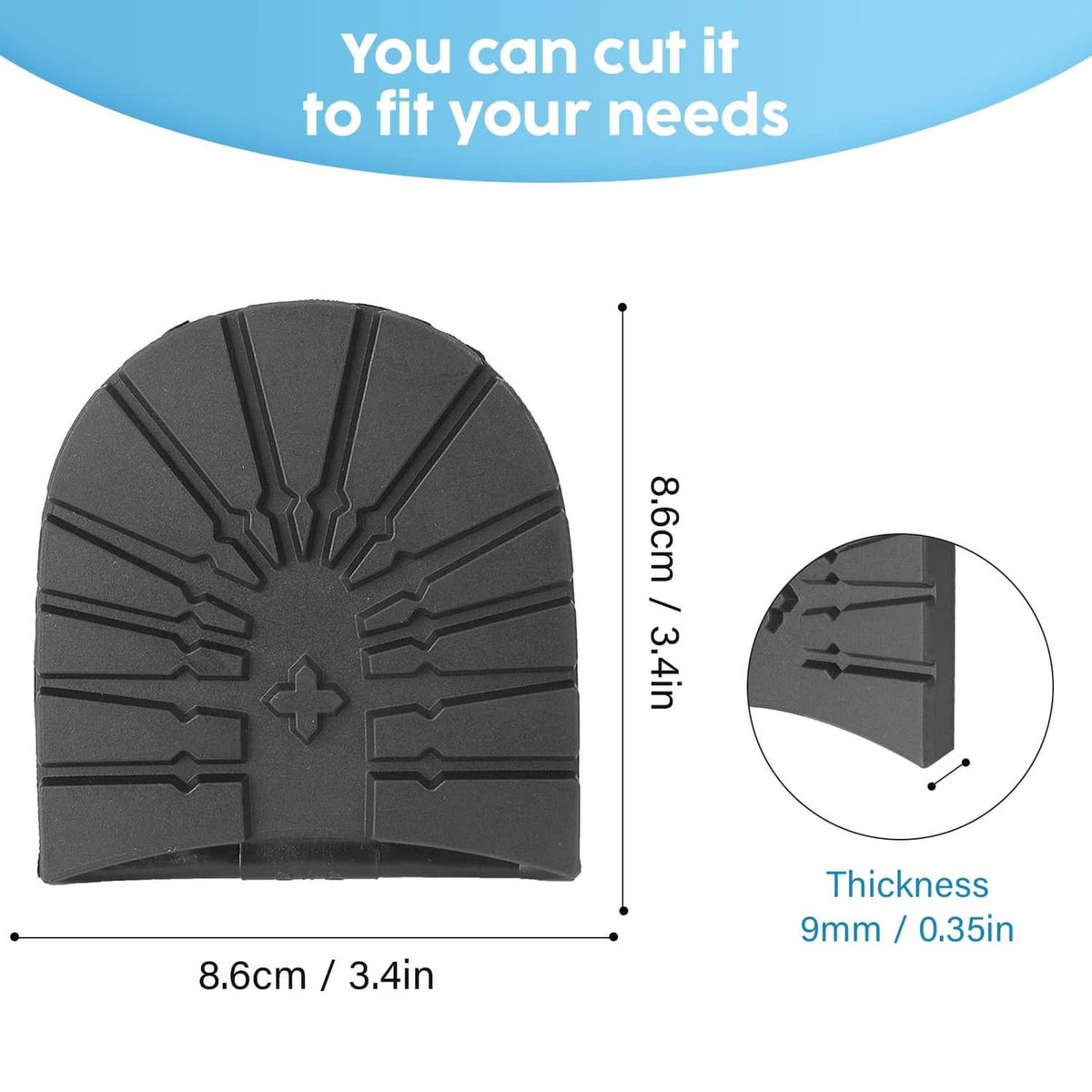 Non-slip boot heel replacement pad with cut-to-fit shape and traction tread