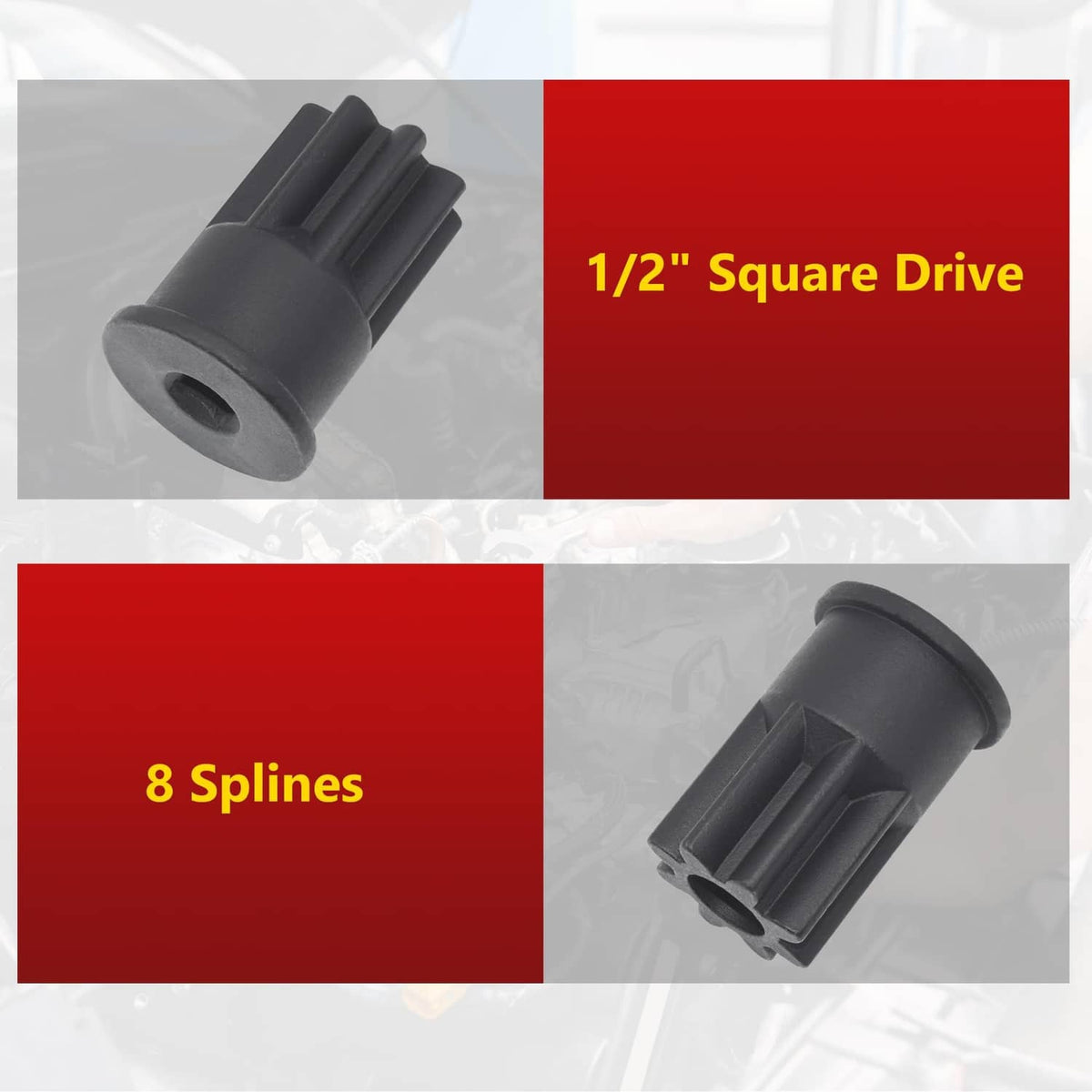Engine barring socket with 1/2-inch square drive and 8-spline profile