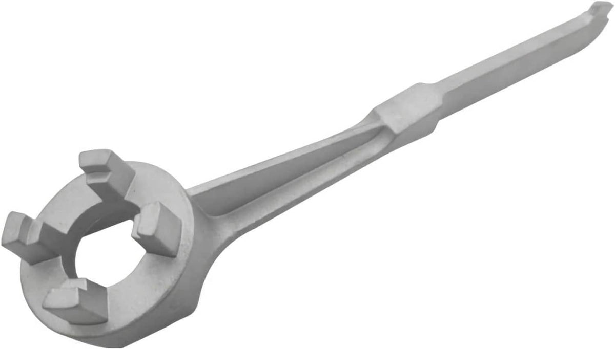 Aluminum drum bung wrench, round socket head with multiple tabs and long lever
