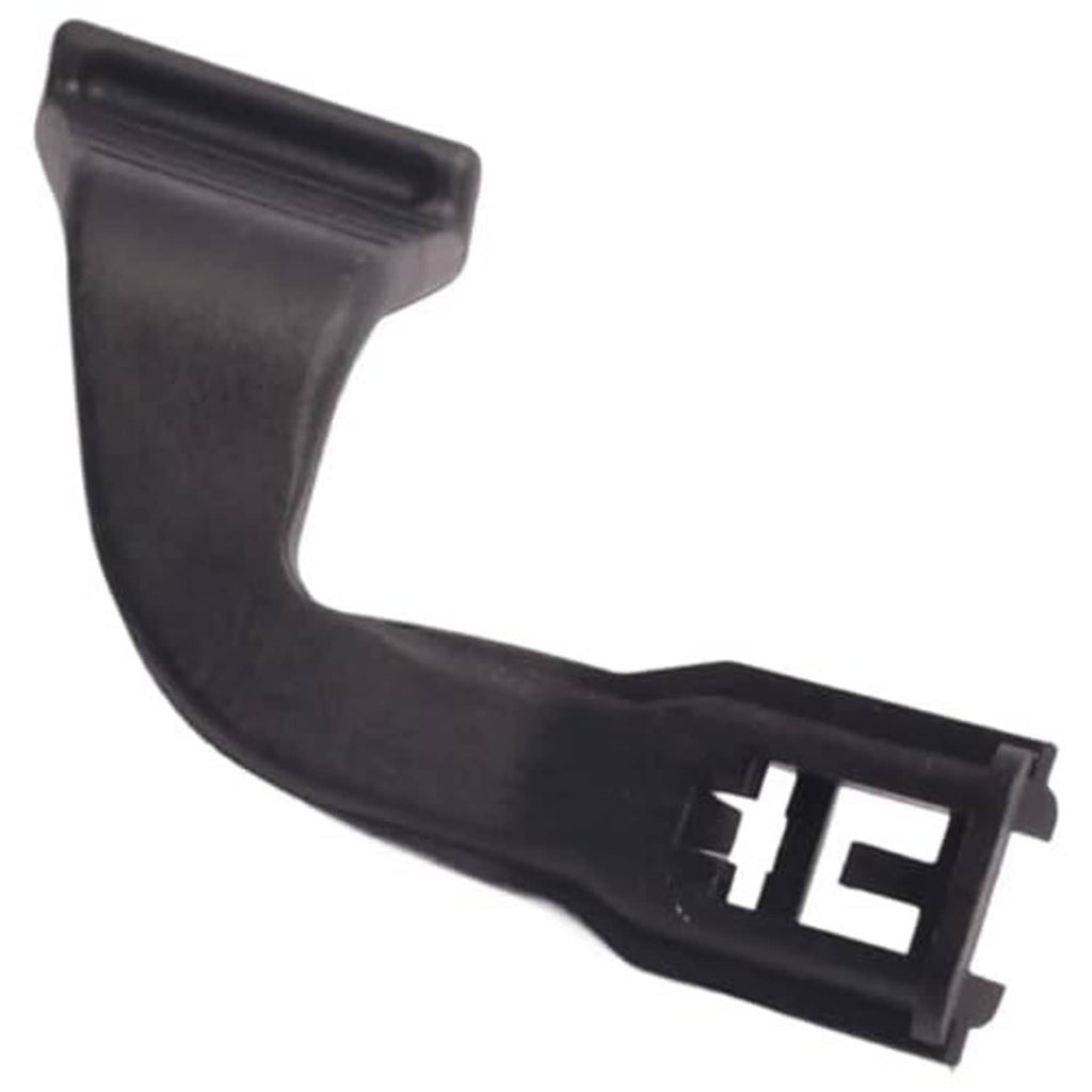 Hood latch release handle, black plastic lever with latch opening and connector.