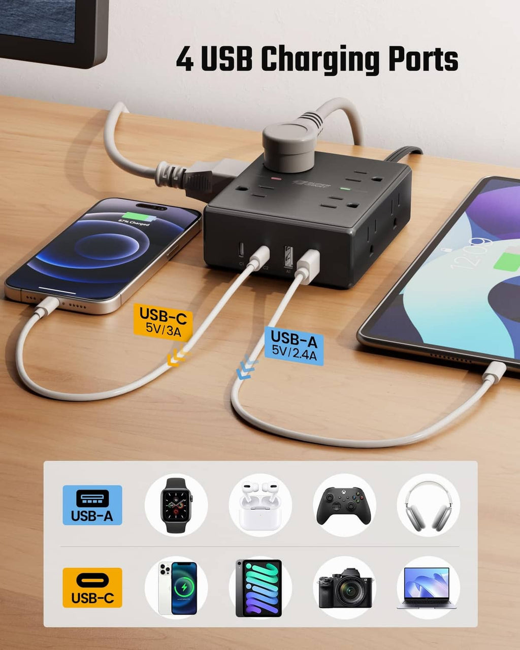 Black power strip with four USB charging ports and multiple cables connected