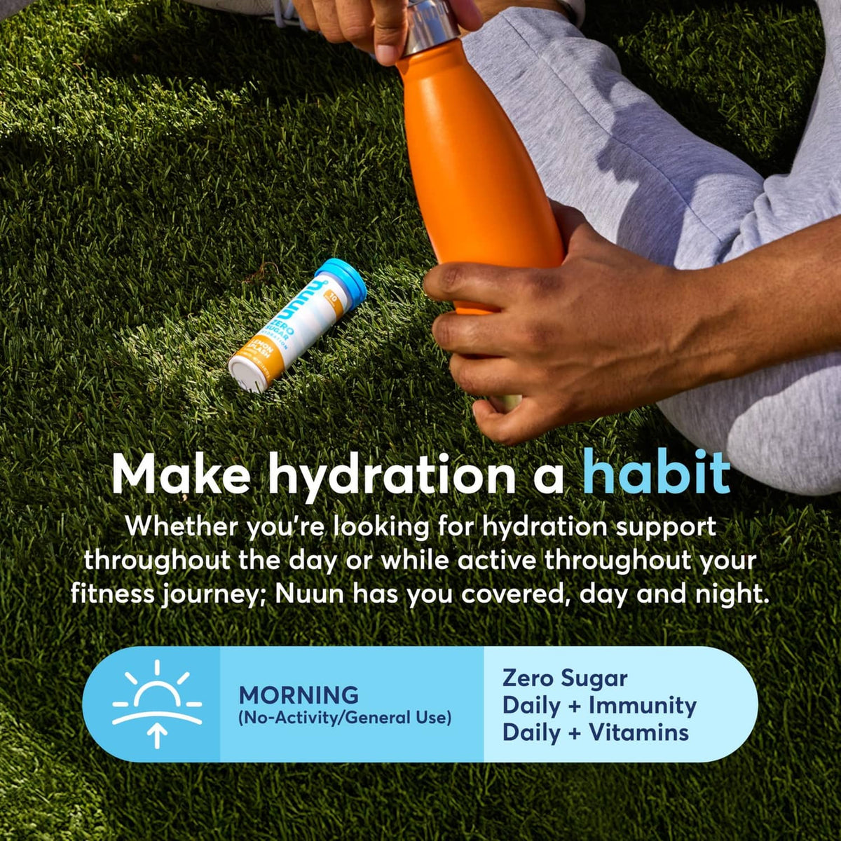 Nuun immunity electrolyte bottle with orange cap and tablets beside it