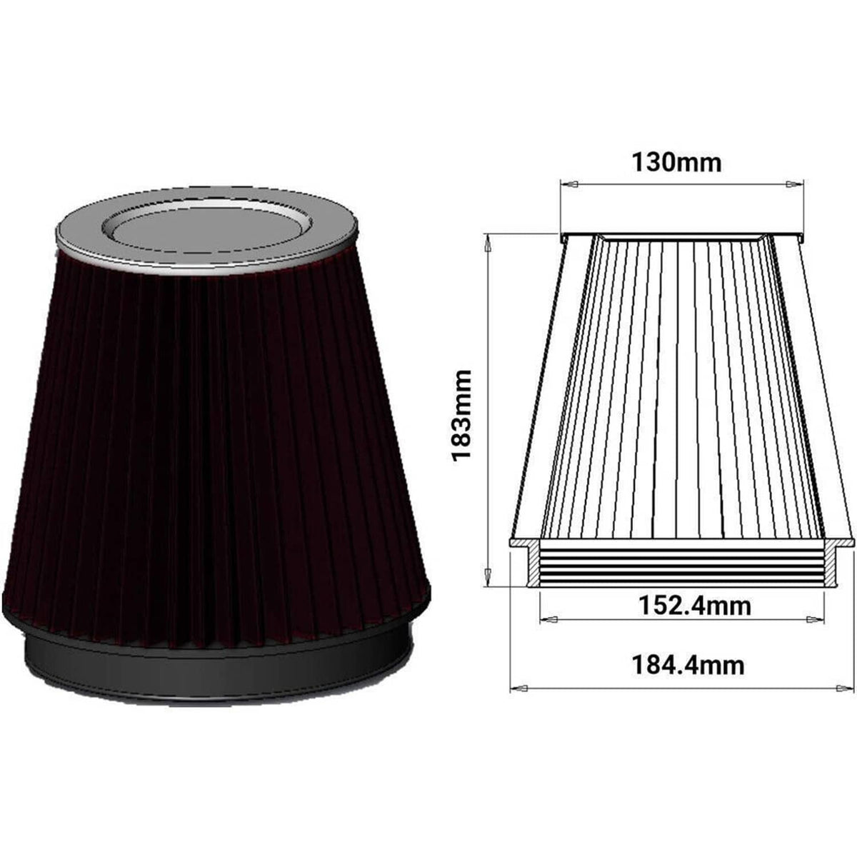 Reusable cone air filter with pleated red filter media and black base