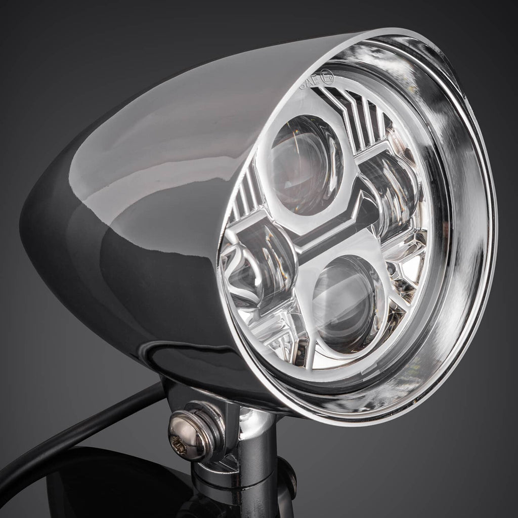 Chrome LED bullet headlight close-up with clear lenses and chrome reflector housing