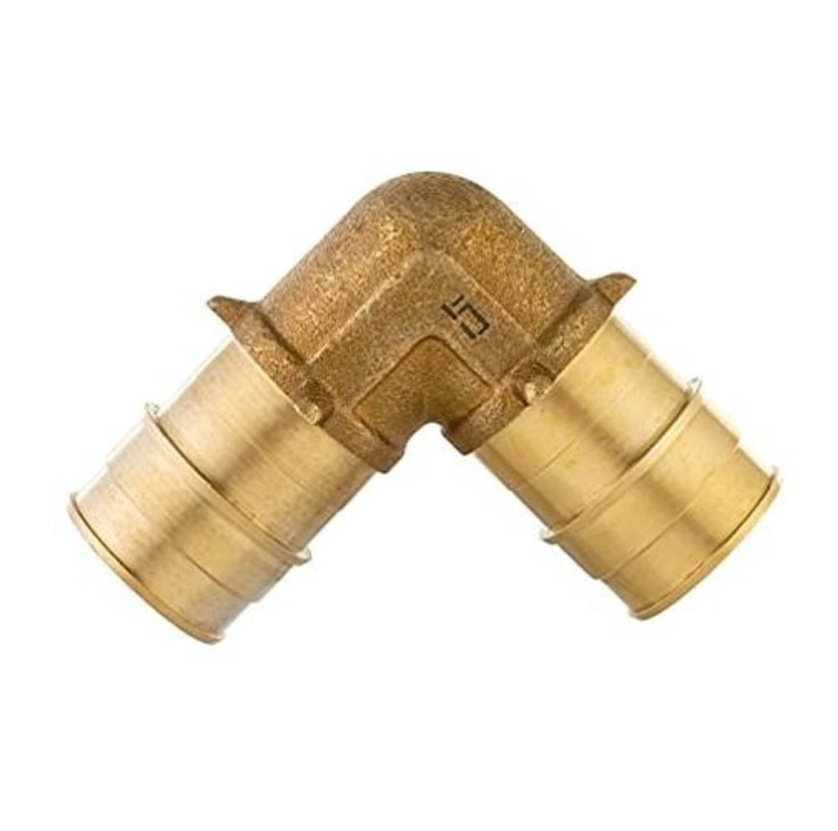 Brass PEX expansion elbow fitting, L-shaped, with two ringed connection ends