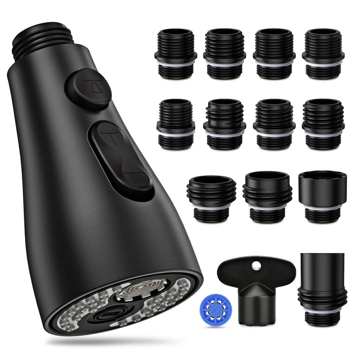 Black kitchen faucet head replacement with spray control and threaded adapters, 17-piece kit
