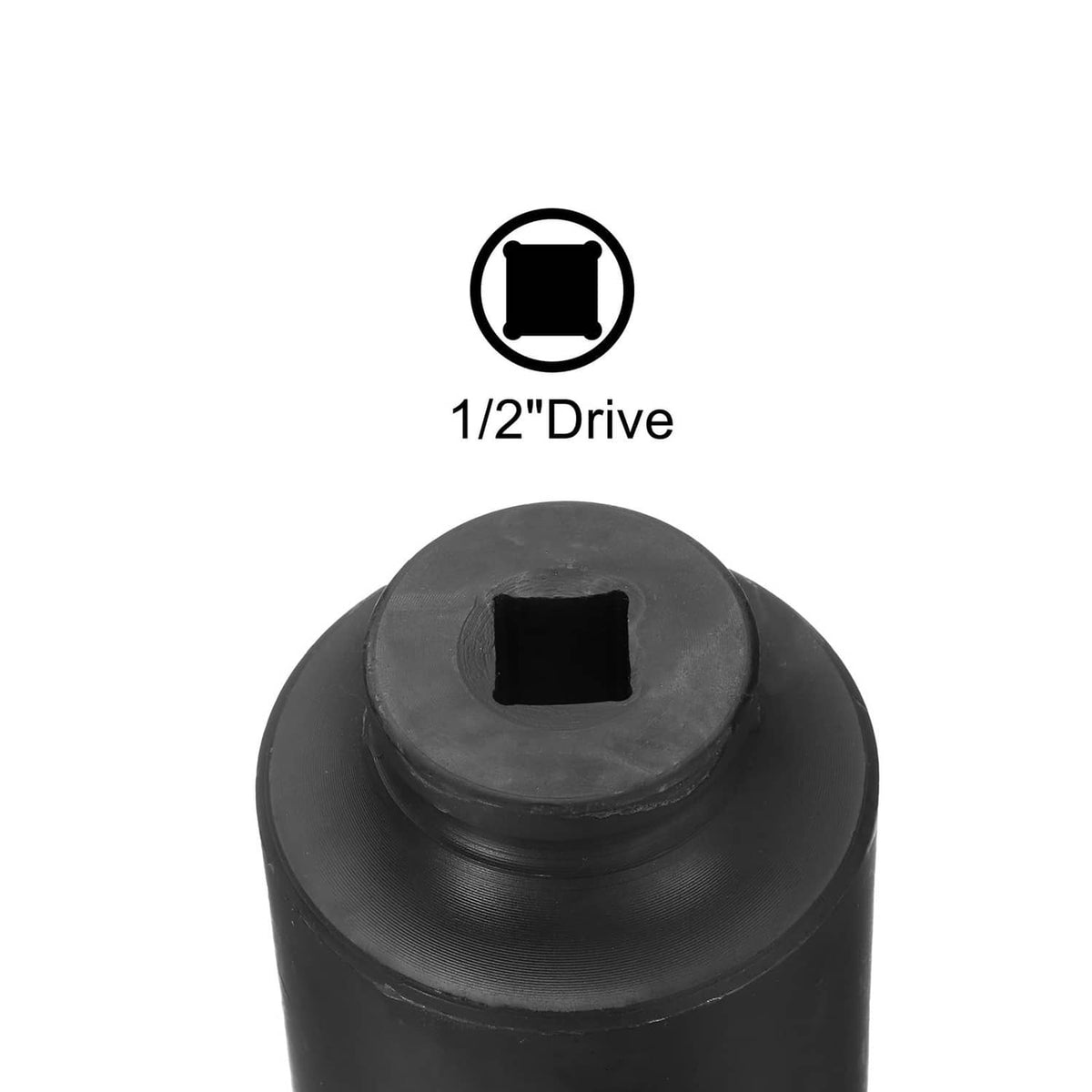 Black 1/2-inch drive impact socket with square drive opening, front view.