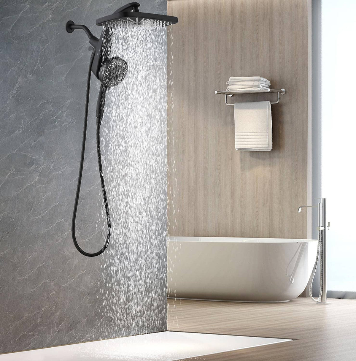 Black rain shower head with handheld sprayer spraying over bathtub in shower