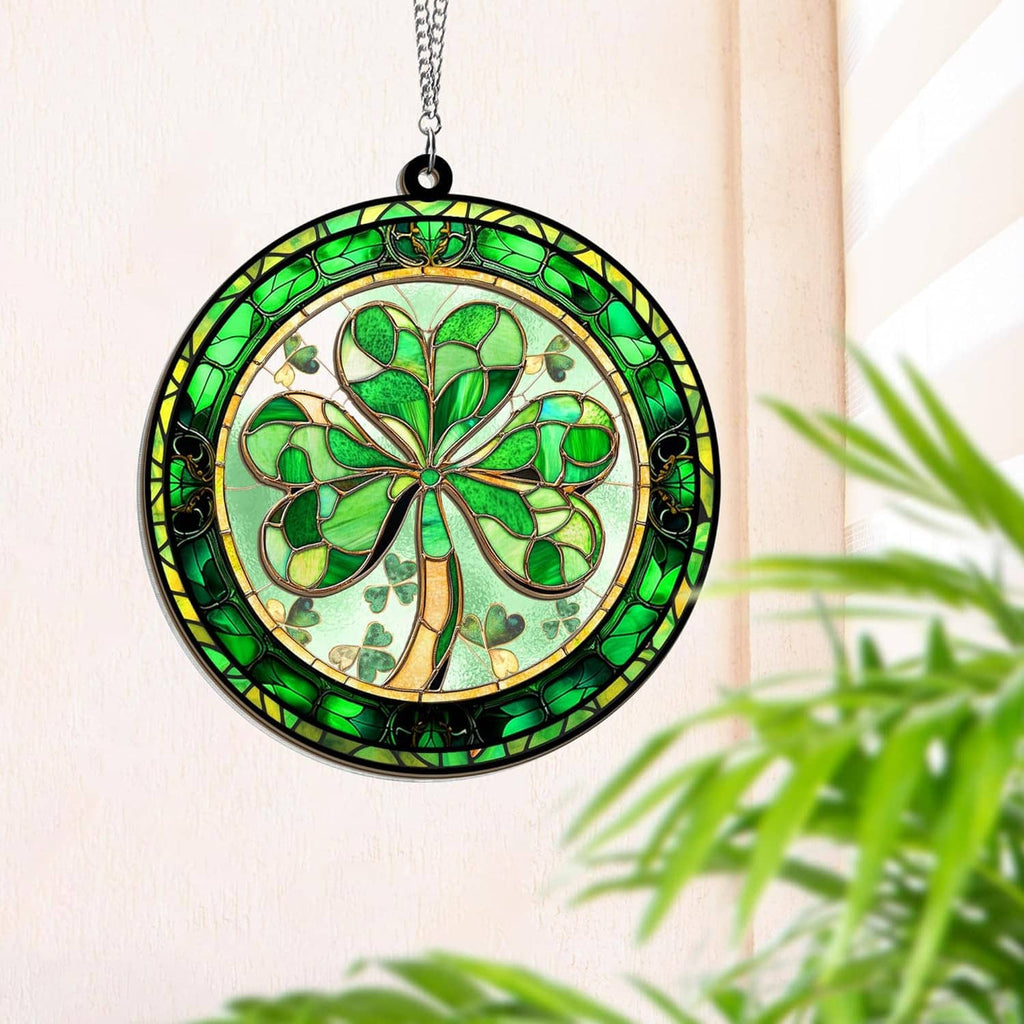 Hanging round green shamrock suncatcher with stained-glass details and silver chain