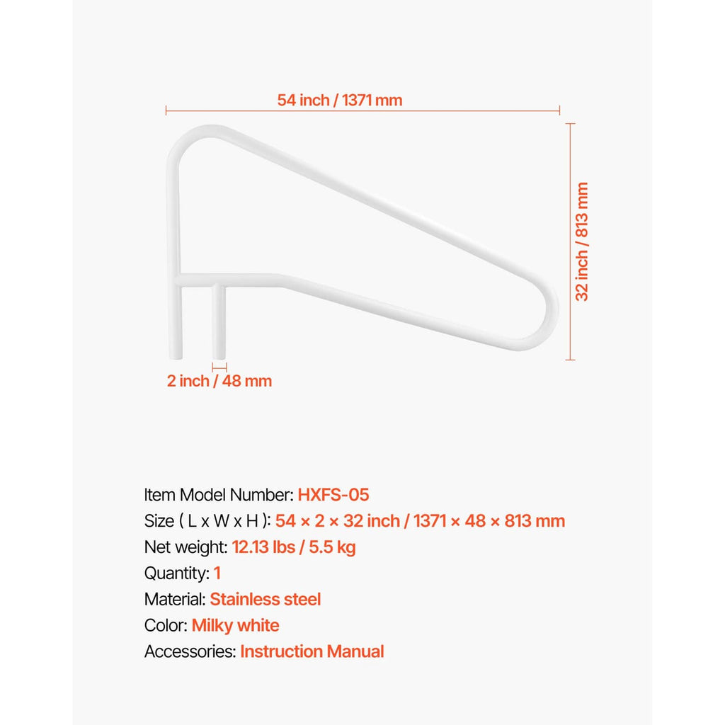 Milky white stainless steel pool handrail with U-shaped grip and two side posts
