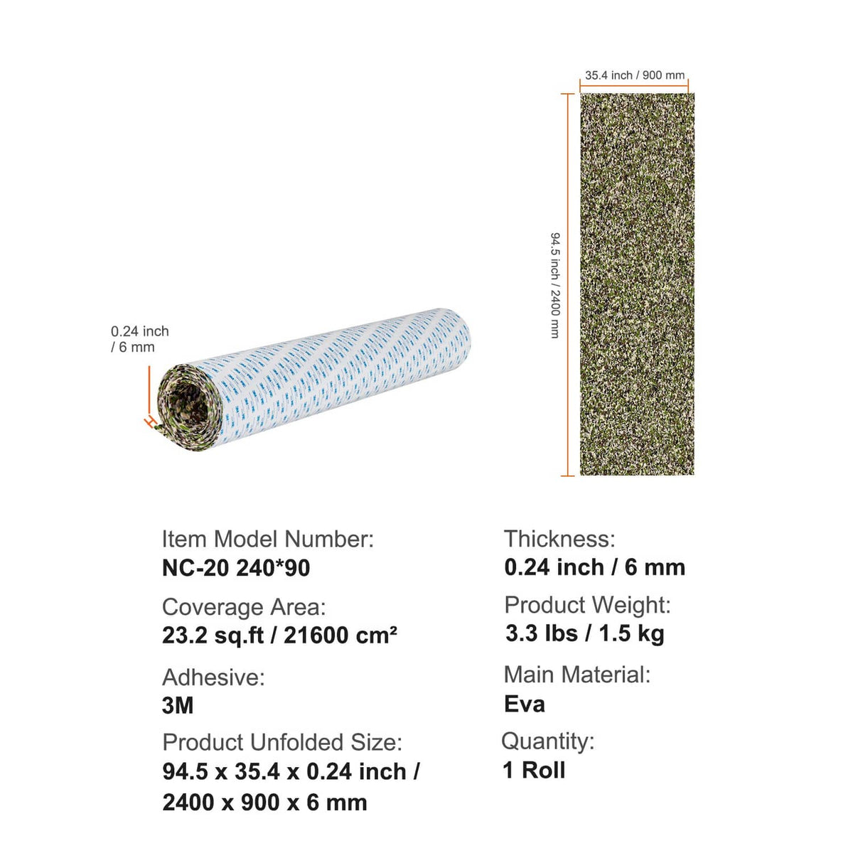 Green speckled EVA foam boat deck mat roll and unfolded sheet, size diagram shown.