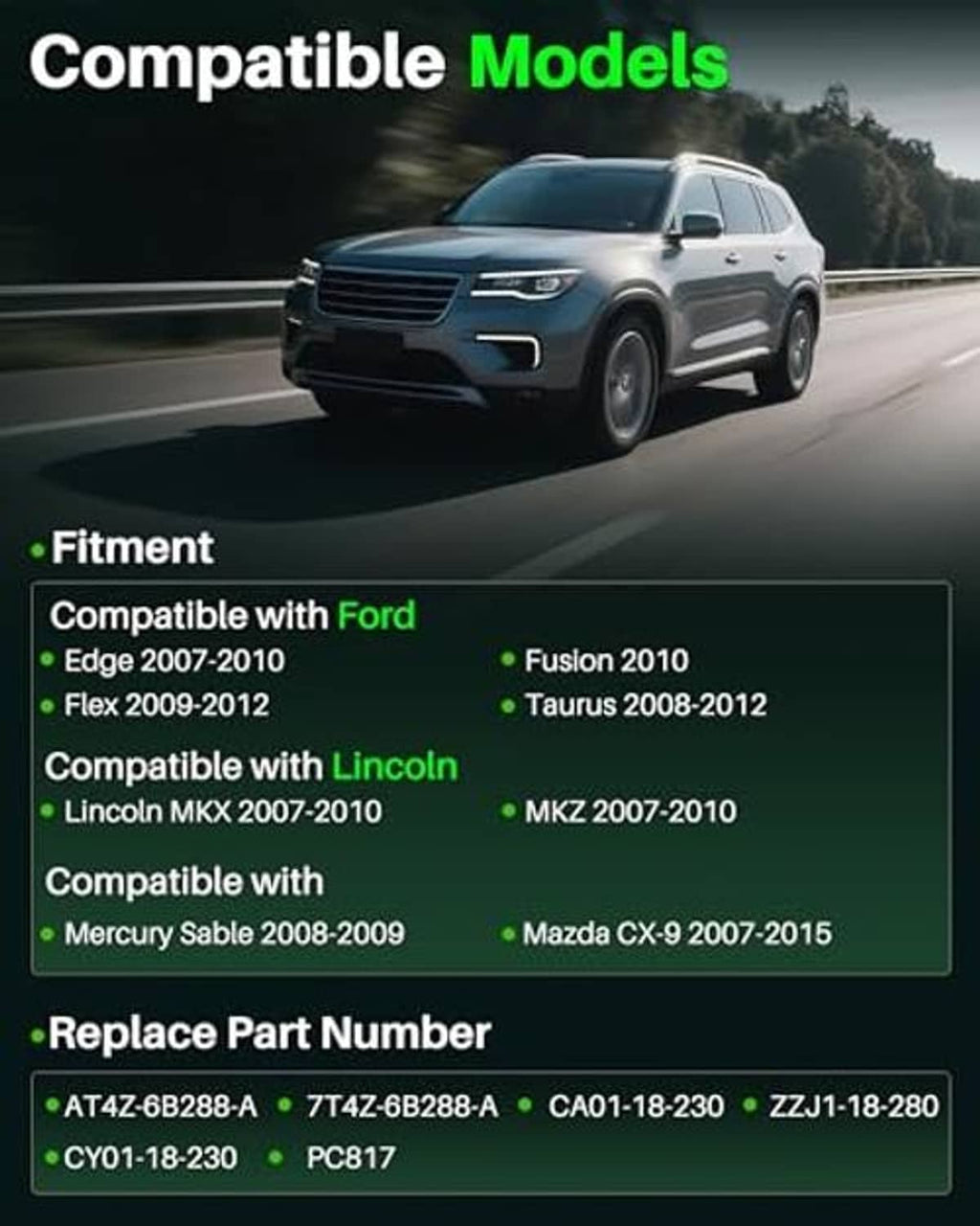 Car compatibility graphic listing Ford and Lincoln model years for camshaft sensor fit