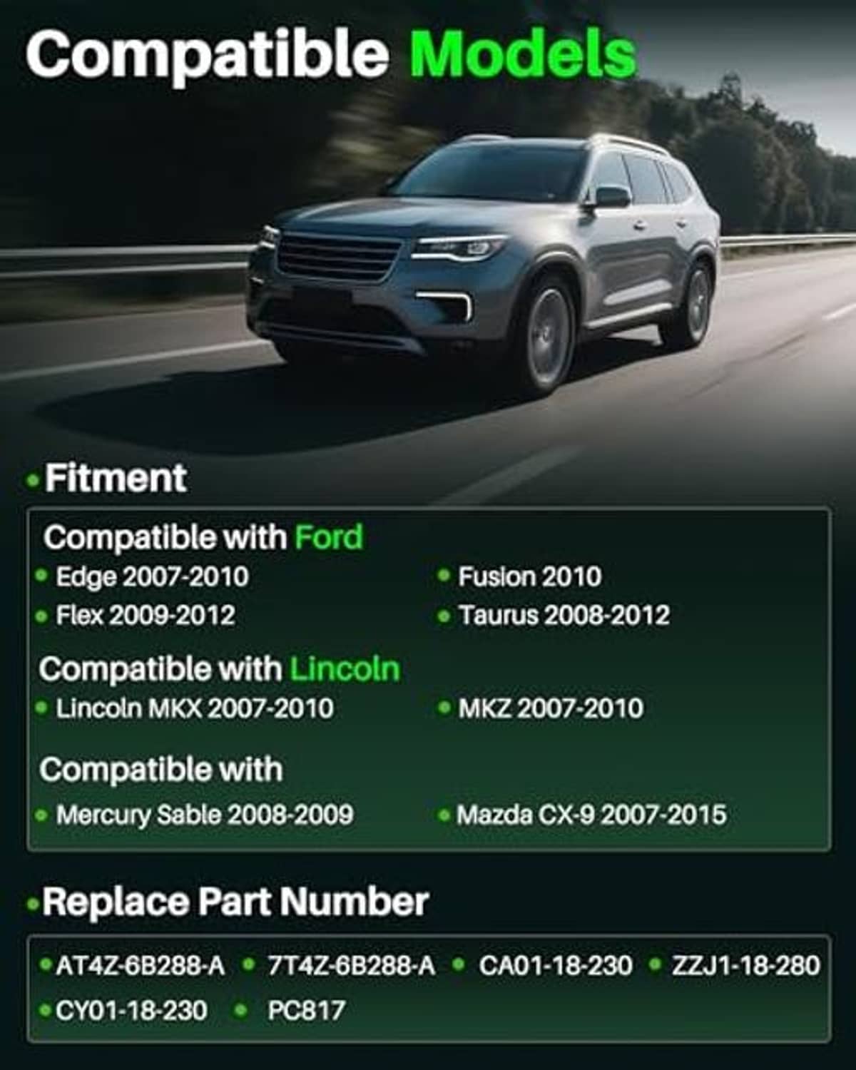 Car compatibility graphic listing Ford and Lincoln model years for camshaft sensor fit