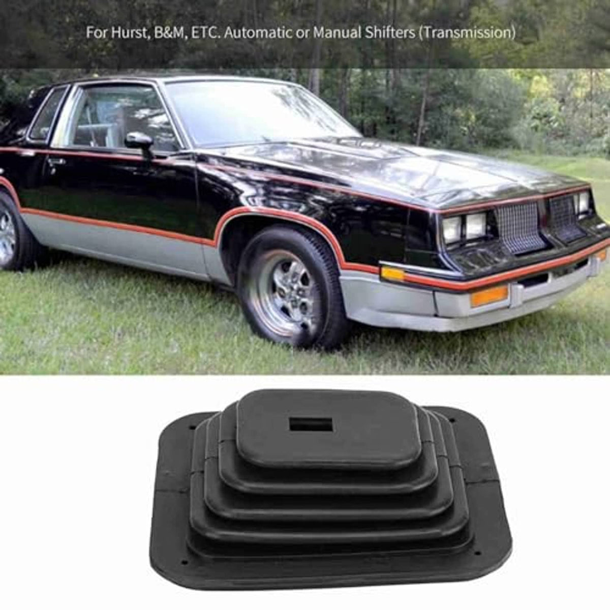 Black rubber shifter boot cover with rectangular opening and contoured top