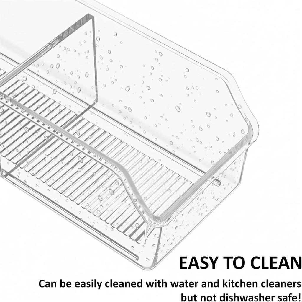 Clear plastic tea bag organizer bin with slotted drip tray and raised side walls