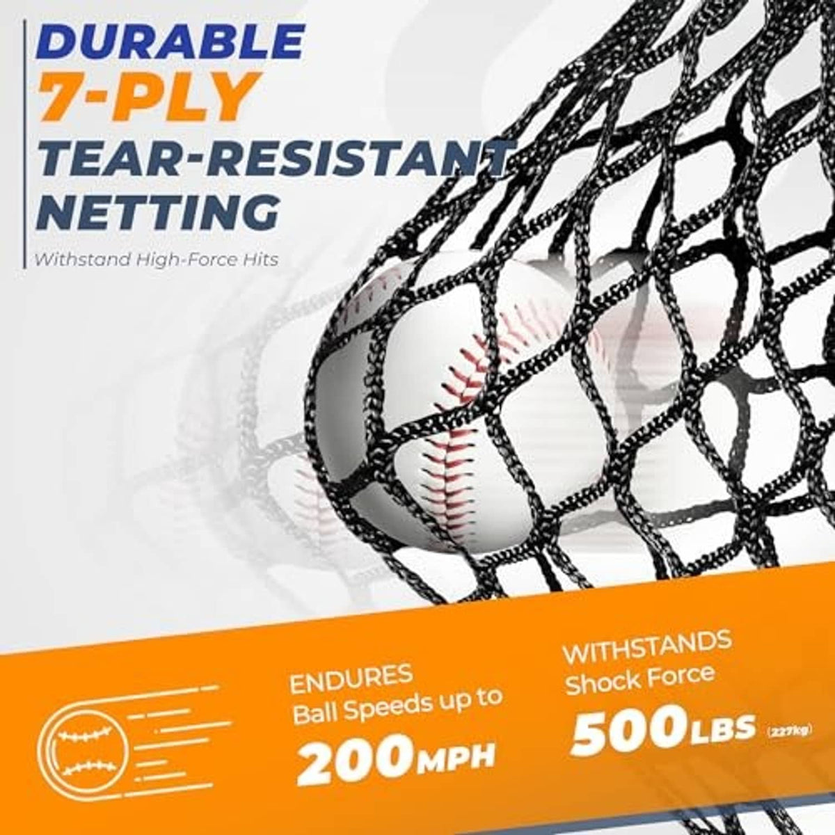 Durable black 7-ply baseball netting with red stitching and baseballs behind the mesh