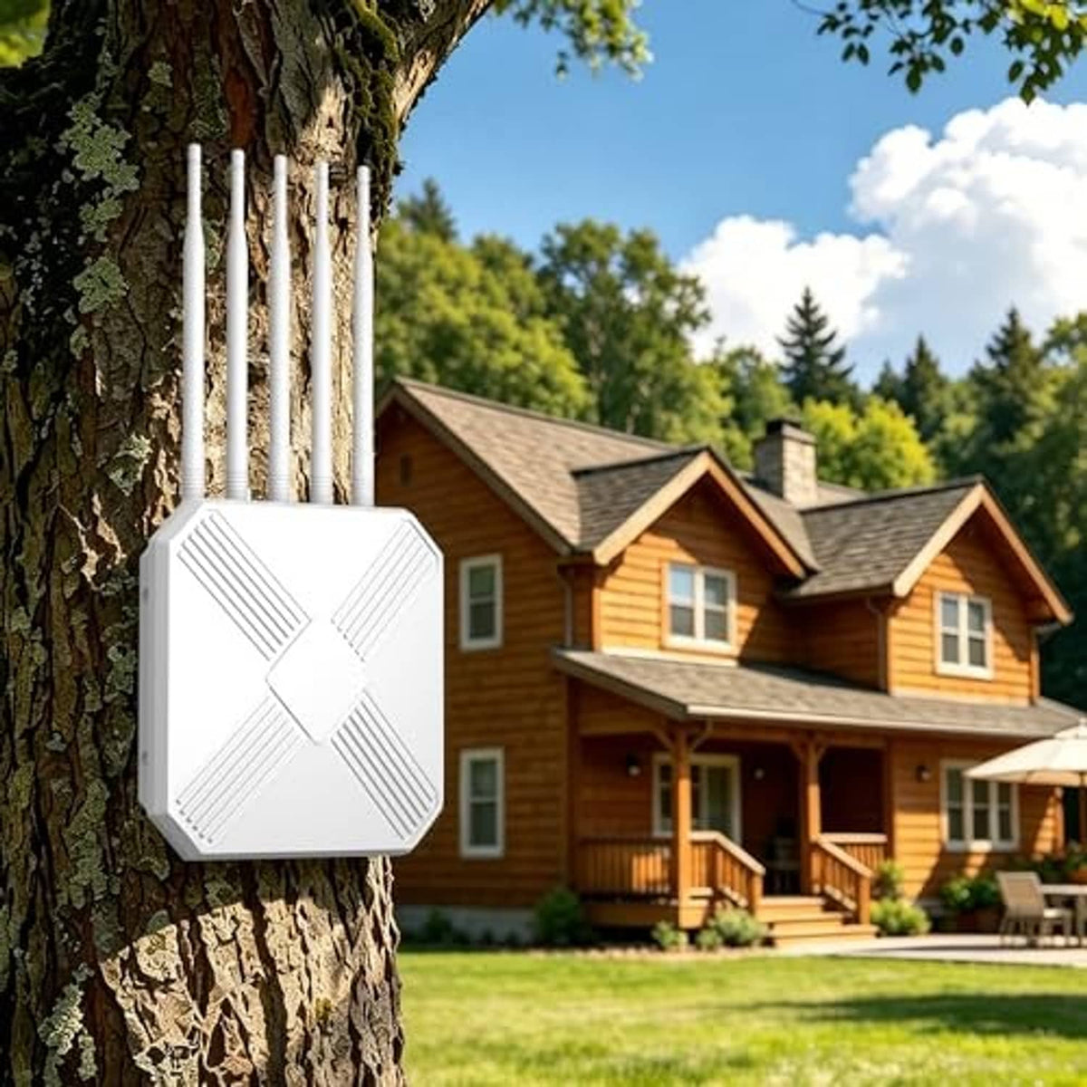White outdoor Wi-Fi extender mounted on a tree with four antennas