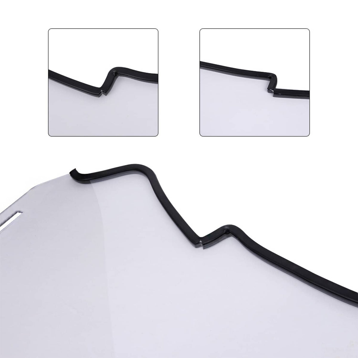 Full windshield with black trim edge in a wavy contour shape