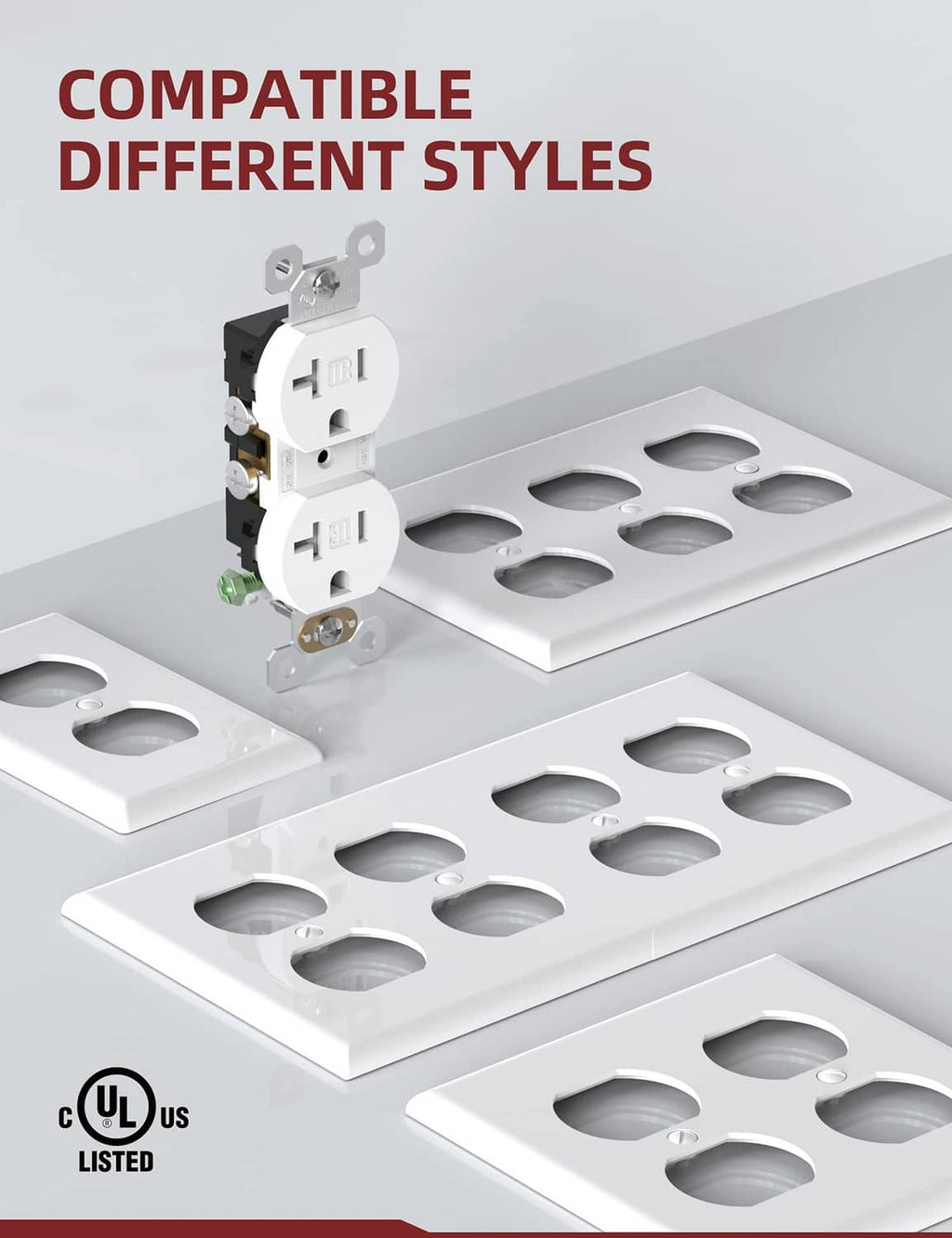 White duplex receptacle with compatible mounting positions, UL listed