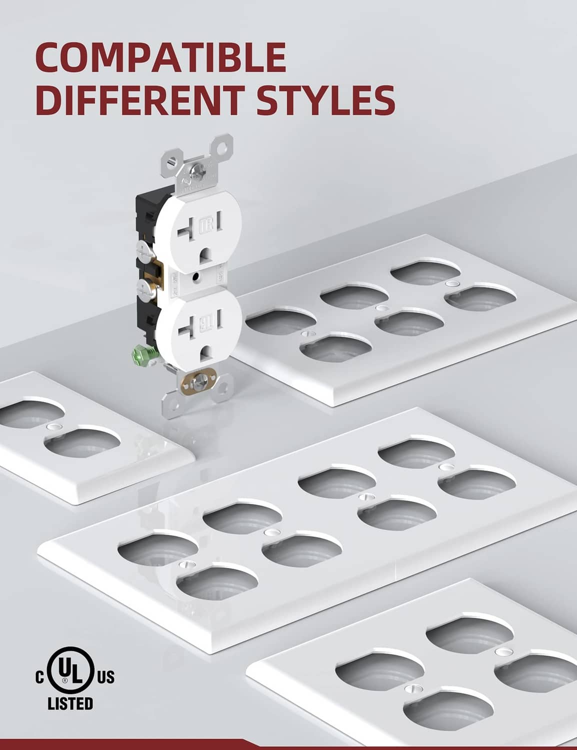 White duplex receptacle with compatible mounting positions, UL listed