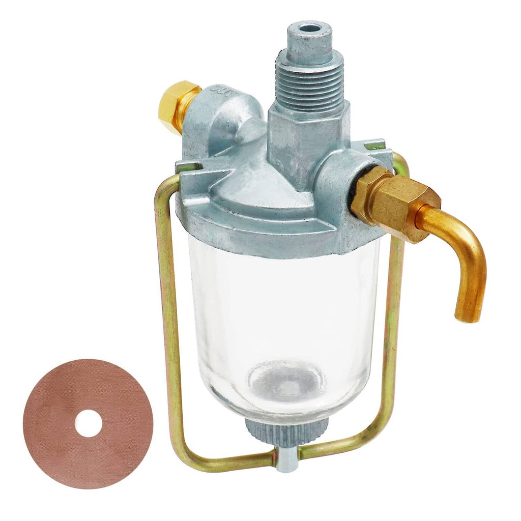 Fuel sediment bowl assembly with clear bowl and brass side outlet from the side