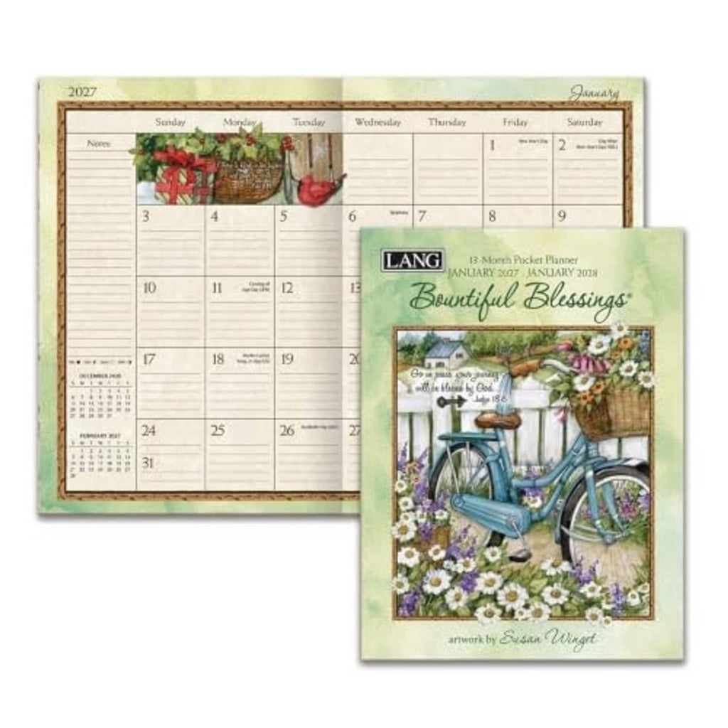Pocket planner set showing open 2027 calendar spread and matching green cover with blue bicycle