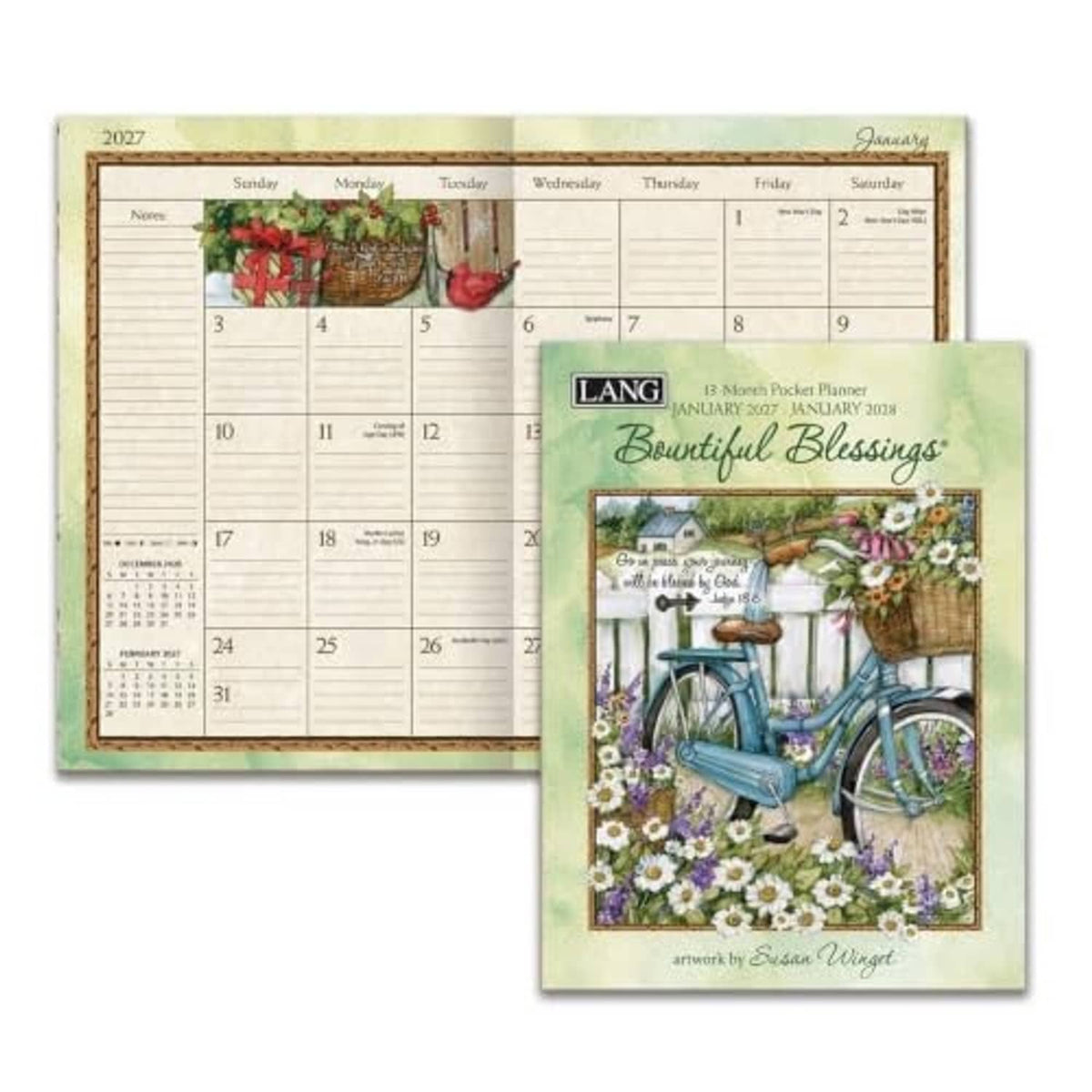 Pocket planner set showing open 2027 calendar spread and matching green cover with blue bicycle