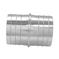 Silver metal hose barb coupler with ridged sleeves and barbed ends